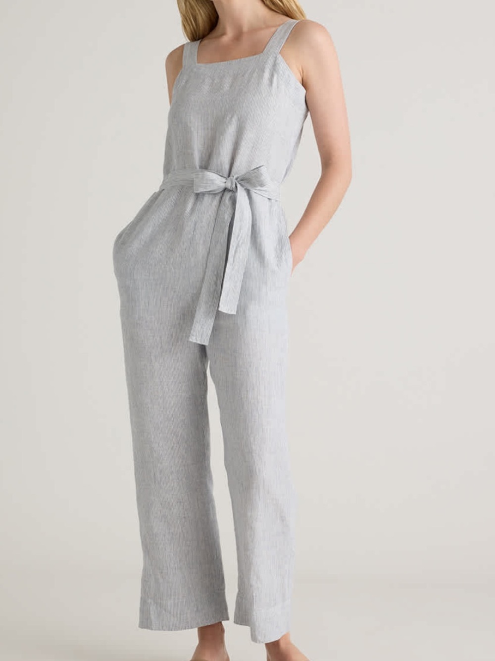 Quince Women’s Linen Square Neck Jumpsuit in Blue Pinstripe NO WAIST TIE!!